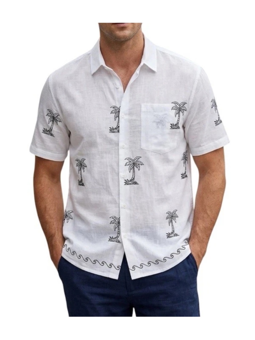 Happy Bay Hawaiian Shirt White Embroidered Palm Trees 100% Terivoile Sz XL